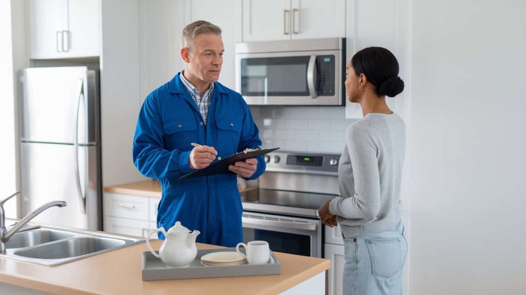 Homeowner and installer discussing heat pump plans for a home