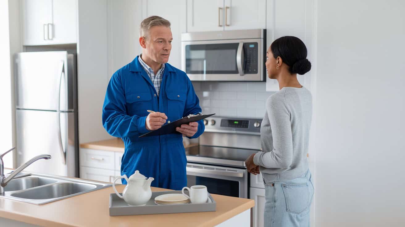 Homeowner and installer discussing heat pump plans for a home Homeowner and installer discussing heat pump plans for a home