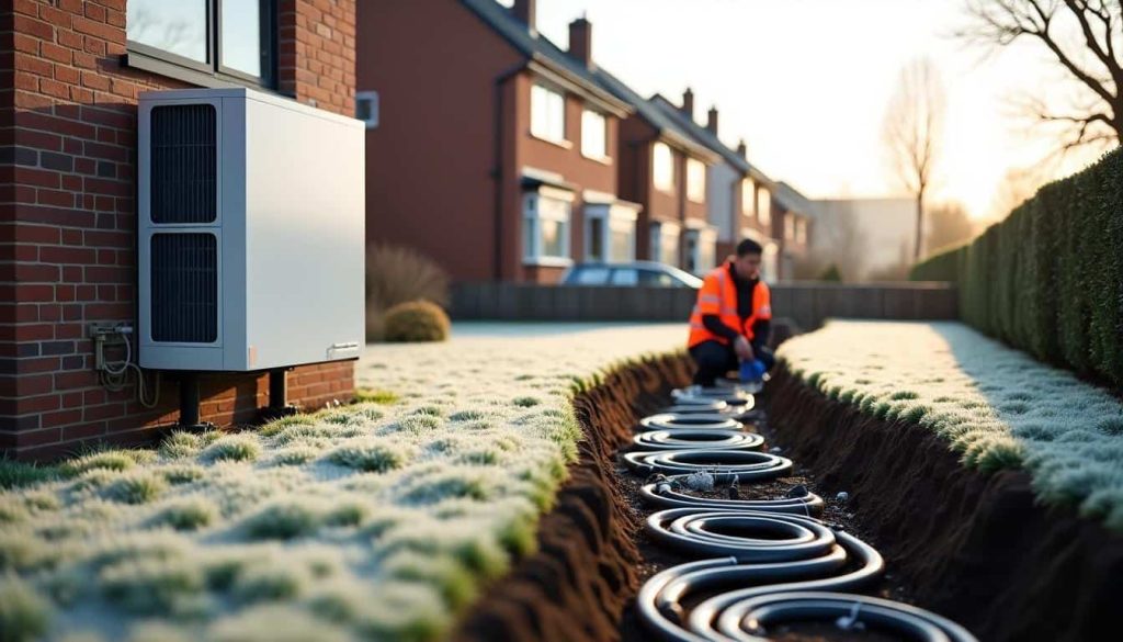 Installer fitting a geothermal pump outside a house
